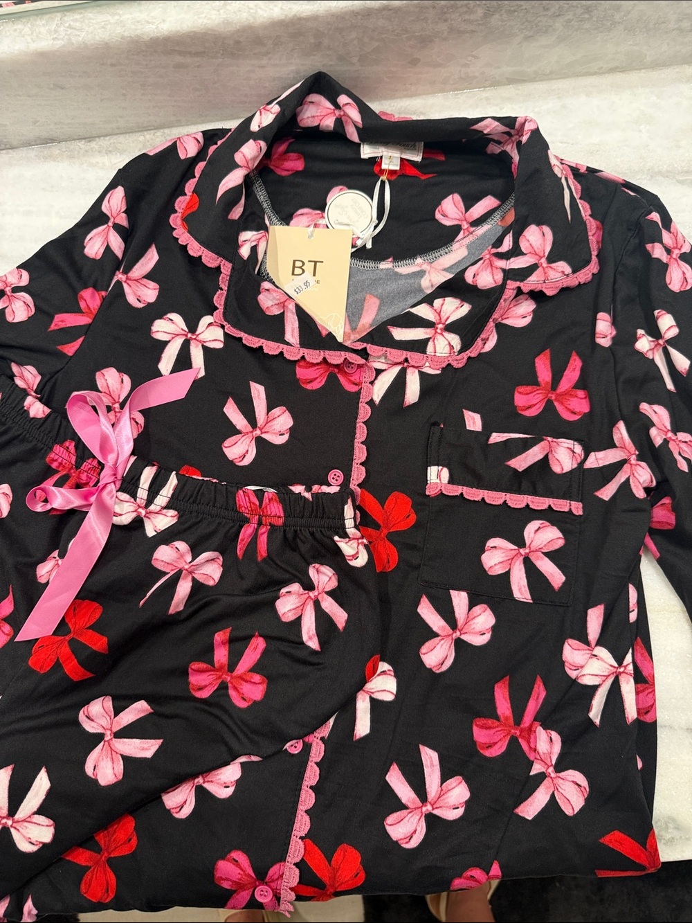 BT Black Bow-Print Women's Pajama Set with Pink Trim